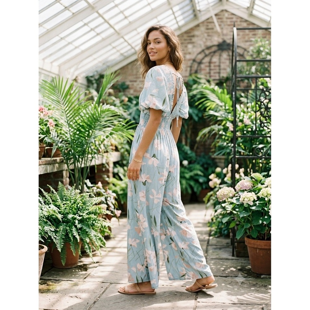 jumpsuits for women DressWomens Floral Jumpsuit Blue Pink Wide Leg Puff Sleeve